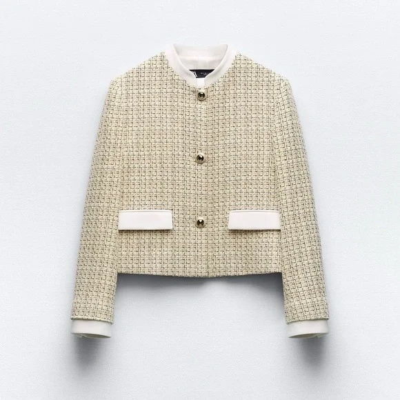 NWT Zara Textured Cropped Tweed Gold Blazer Jacket Small - Picture 2 of 10